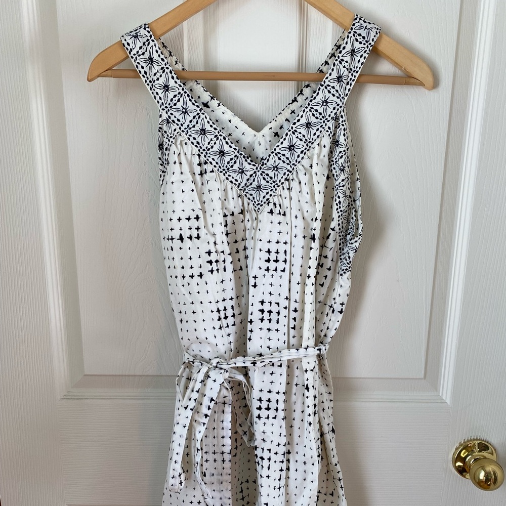 Loft Cream and Black Summer Tie Waist Dress XS
